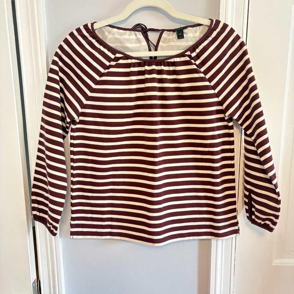 J.Crew Women XXS Brown Striped Tie Back Raglan Long Sleeve Cotton Top Nautical